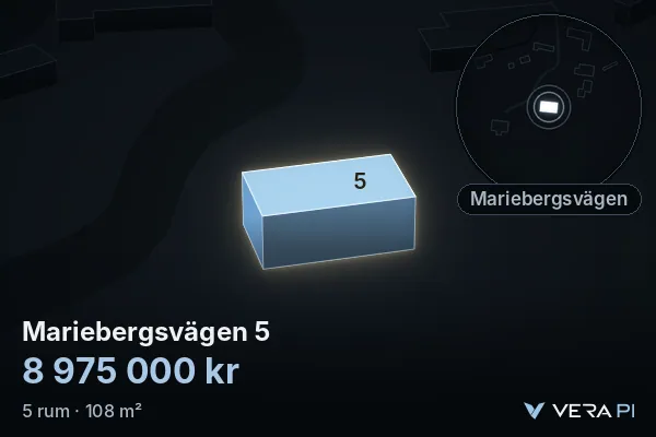 VERA PI's image of Mariebergsvägen 5: the building in 3D, lit in blue, and the map around it