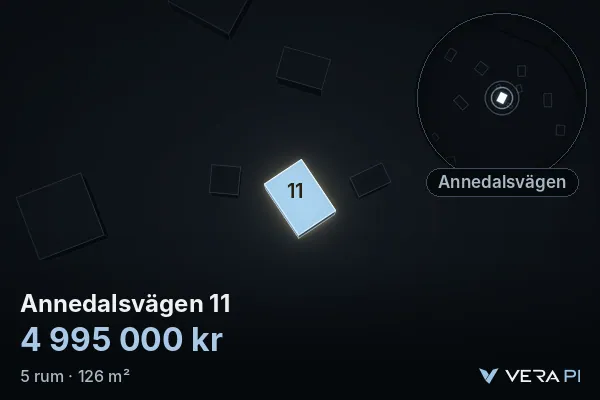 VERA PI:s bild av Annedalsvägen 11: huset i 3D, upplyst i blått, och kartan runt omkring