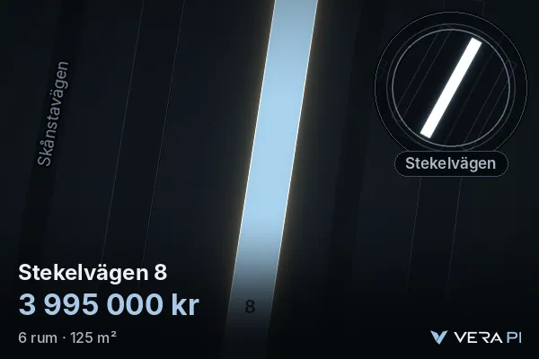 VERA PI:s bild av Stekelvägen 8: huset i 3D, upplyst i blått, och kartan runt omkring