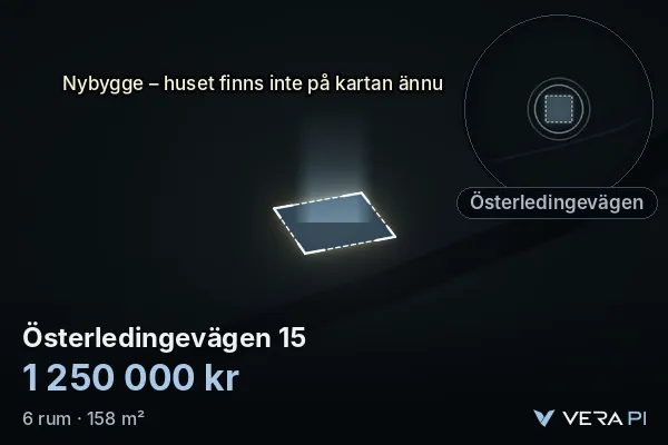 VERA PI:s bild av Österledingevägen 15: huset i 3D, upplyst i blått, och kartan runt omkring