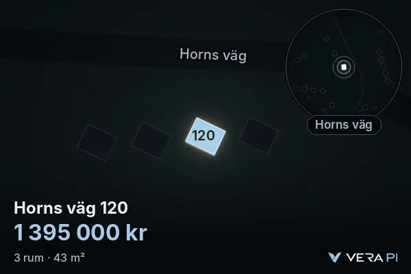 VERA PI:s bild av Horns väg 120: huset i 3D, upplyst i blått, och kartan runt omkring