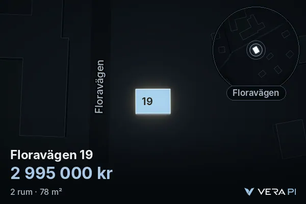 VERA PI:s bild av Floravägen 19: huset i 3D, upplyst i blått, och kartan runt omkring