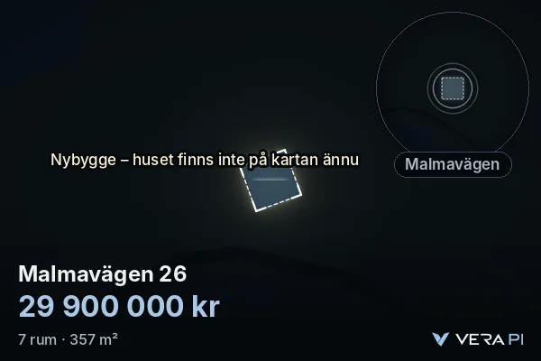 VERA PI's image of Malmavägen 26: the building in 3D, lit in blue, and the map around it