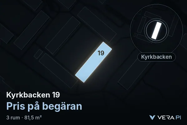 VERA PI's image of Kyrkbacken 19: the building in 3D, lit in blue, and the map around it