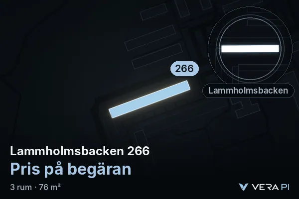 VERA PI:s bild av Lammholmsbacken 266: huset i 3D, upplyst i blått, och kartan runt omkring
