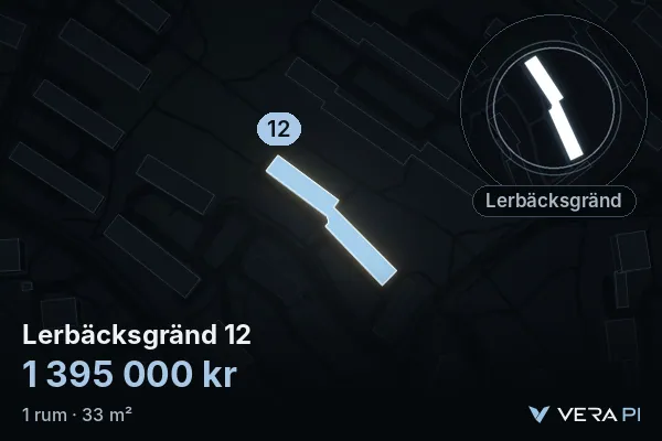 VERA PI's image of Lerbäcksgränd 12: the building in 3D, lit in blue, and the map around it