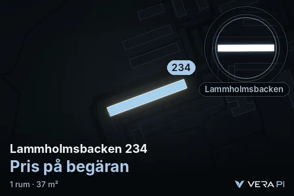 VERA PI:s bild av Lammholmsbacken 234: huset i 3D, upplyst i blått, och kartan runt omkring