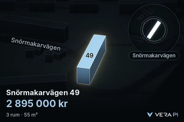 VERA PI:s bild av Snörmakarvägen 49: huset i 3D, upplyst i blått, och kartan runt omkring