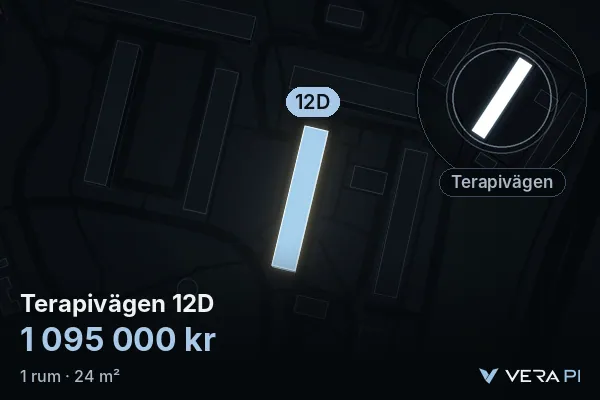 VERA PI:s bild av Terapivägen 12D: huset i 3D, upplyst i blått, och kartan runt omkring