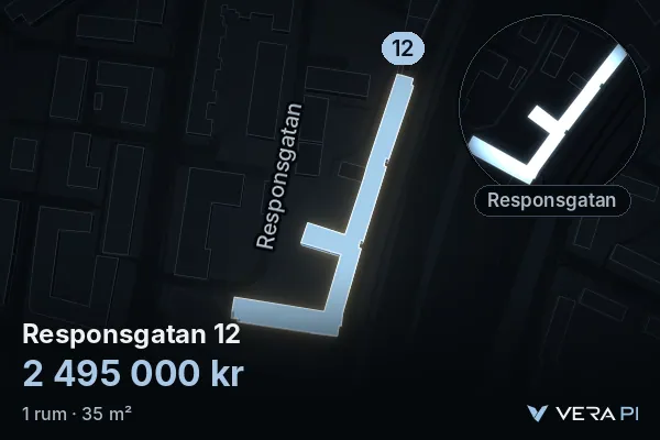 VERA PI's image of Responsgatan 12: the building in 3D, lit in blue, and the map around it