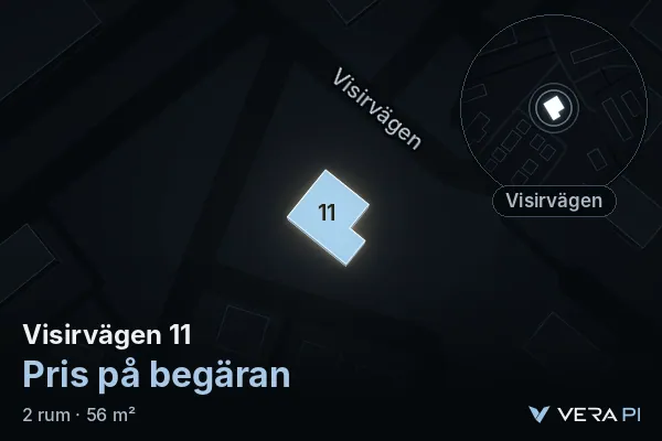 VERA PI:s bild av Visirvägen 11: huset i 3D, upplyst i blått, och kartan runt omkring