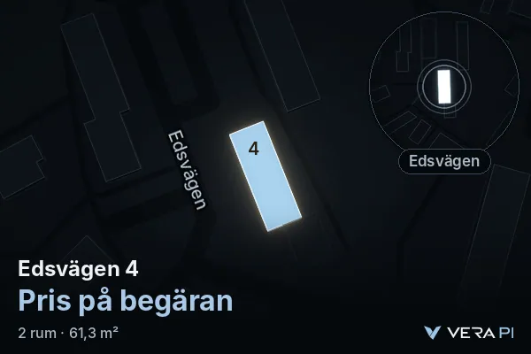 VERA PI:s bild av Edsvägen 4: huset i 3D, upplyst i blått, och kartan runt omkring