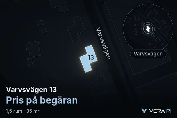 VERA PI:s bild av Varvsvägen 13: huset i 3D, upplyst i blått, och kartan runt omkring