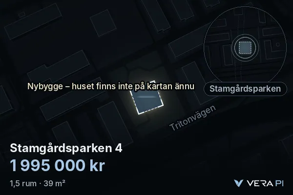 VERA PI:s bild av Stamgårdsparken 4: huset i 3D, upplyst i blått, och kartan runt omkring