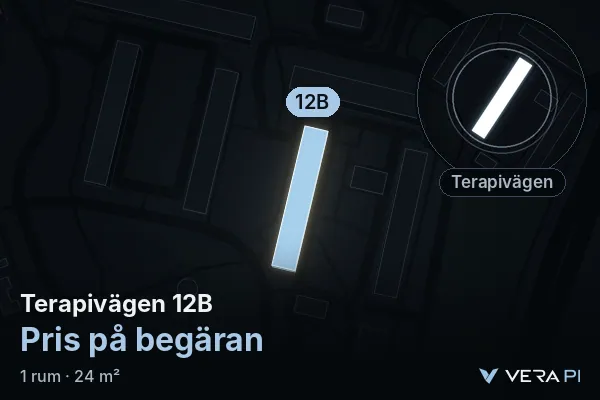 VERA PI:s bild av Terapivägen 12B: huset i 3D, upplyst i blått, och kartan runt omkring