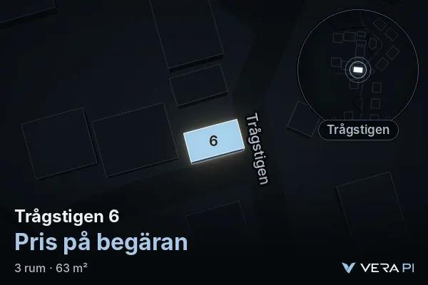VERA PI:s bild av Trågstigen 6: huset i 3D, upplyst i blått, och kartan runt omkring
