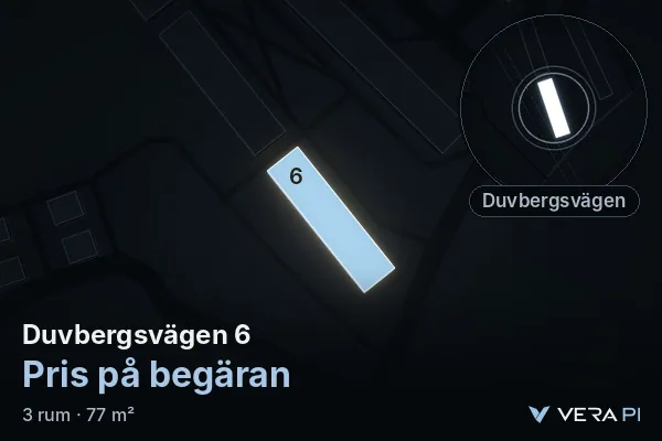 VERA PI:s bild av Duvbergsvägen 6: huset i 3D, upplyst i blått, och kartan runt omkring