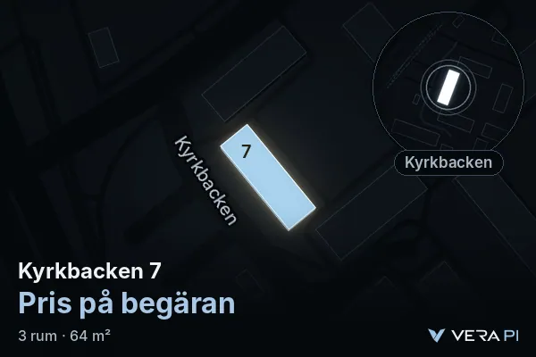 VERA PI:s bild av Kyrkbacken 7: huset i 3D, upplyst i blått, och kartan runt omkring