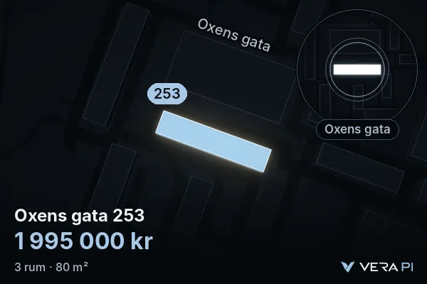 VERA PI:s bild av Oxens gata 253: huset i 3D, upplyst i blått, och kartan runt omkring