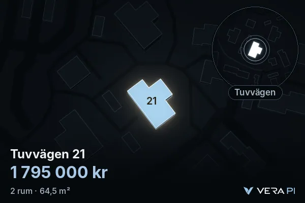 VERA PI's image of Tuvvägen 21: the building in 3D, lit in blue, and the map around it