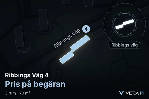 VERA PI's image of Ribbings Väg 4: the building in 3D, lit in blue, and the map around it