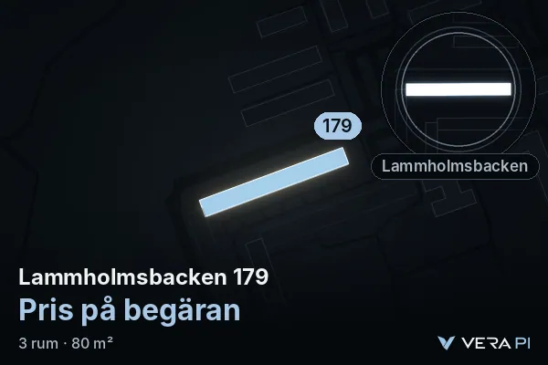 VERA PI:s bild av Lammholmsbacken 179: huset i 3D, upplyst i blått, och kartan runt omkring