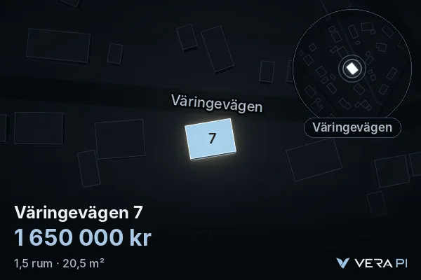 VERA PI's image of Väringevägen 7: the building in 3D, lit in blue, and the map around it