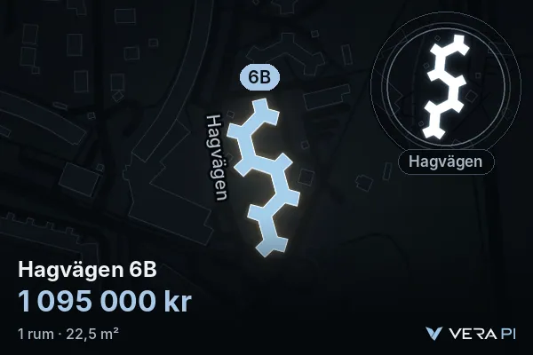 VERA PI:s bild av Hagvägen 6B: huset i 3D, upplyst i blått, och kartan runt omkring