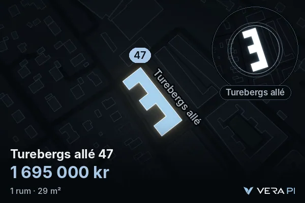 VERA PI's image of Turebergs allé 47: the building in 3D, lit in blue, and the map around it