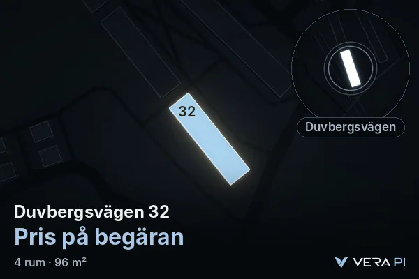 VERA PI:s bild av Duvbergsvägen 32: huset i 3D, upplyst i blått, och kartan runt omkring