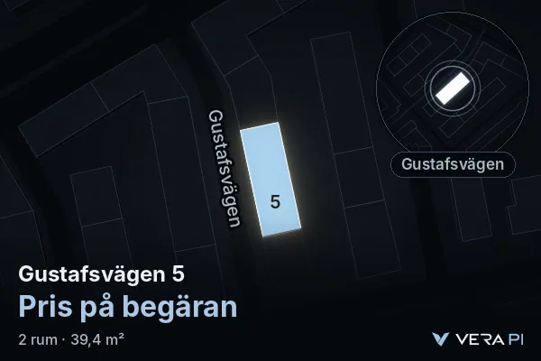 VERA PI:s bild av Gustafsvägen 5: huset i 3D, upplyst i blått, och kartan runt omkring