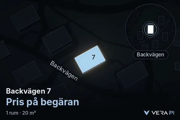 VERA PI:s bild av Backvägen 7: huset i 3D, upplyst i blått, och kartan runt omkring