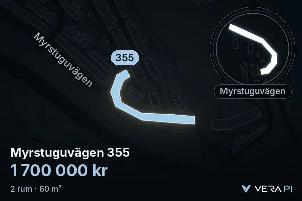 VERA PI:s bild av Myrstuguvägen 355: huset i 3D, upplyst i blått, och kartan runt omkring
