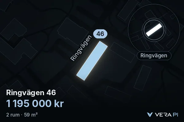 VERA PI:s bild av Ringvägen 46: huset i 3D, upplyst i blått, och kartan runt omkring