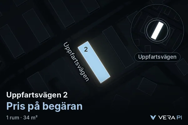 VERA PI:s bild av Uppfartsvägen 2: huset i 3D, upplyst i blått, och kartan runt omkring