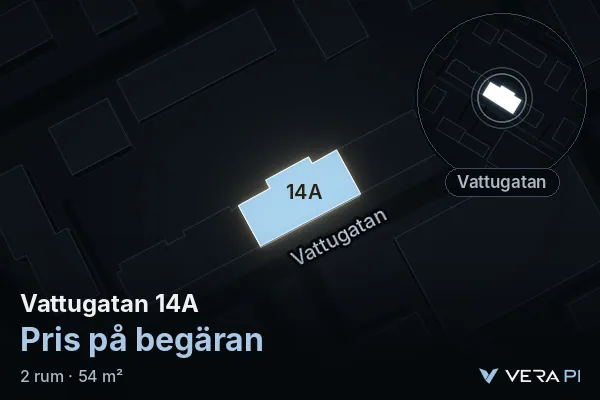VERA PI:s bild av Vattugatan 14A: huset i 3D, upplyst i blått, och kartan runt omkring