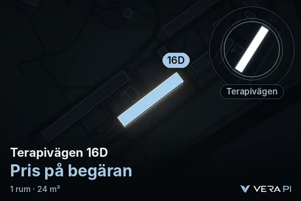 VERA PI:s bild av Terapivägen 16D: huset i 3D, upplyst i blått, och kartan runt omkring