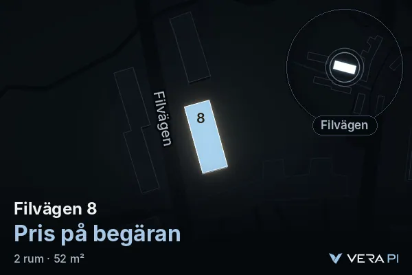 VERA PI's image of Filvägen 8: the building in 3D, lit in blue, and the map around it