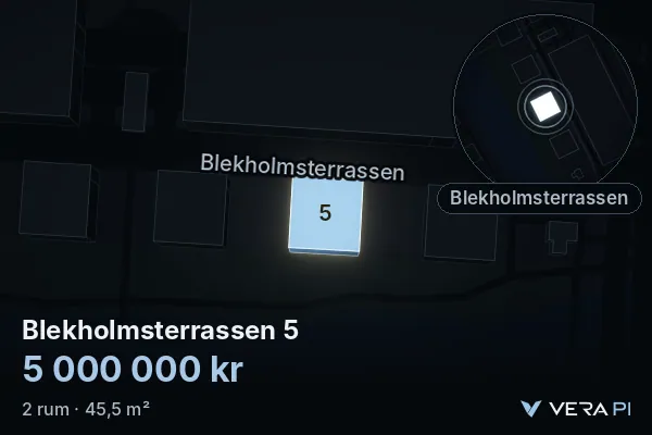 VERA PI:s bild av Blekholmsterrassen 5: huset i 3D, upplyst i blått, och kartan runt omkring