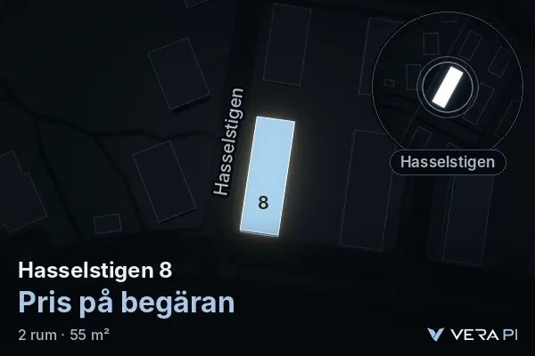 VERA PI's image of Hasselstigen 8: the building in 3D, lit in blue, and the map around it