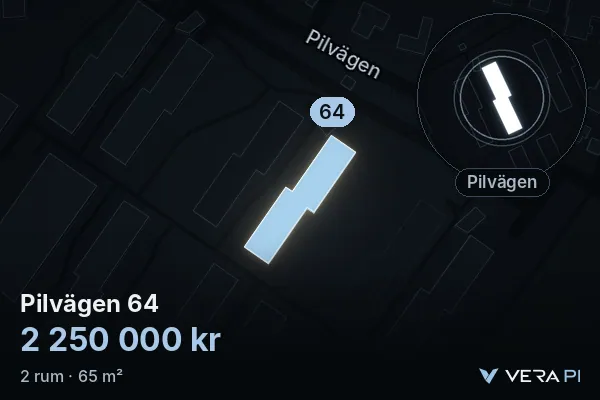 VERA PI's image of Pilvägen 64: the building in 3D, lit in blue, and the map around it