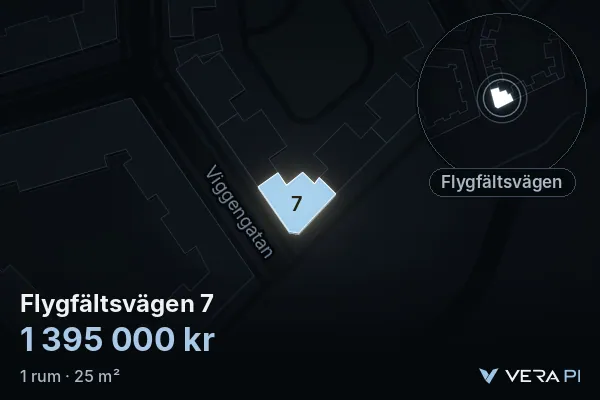 VERA PI's image of Flygfältsvägen 7: the building in 3D, lit in blue, and the map around it