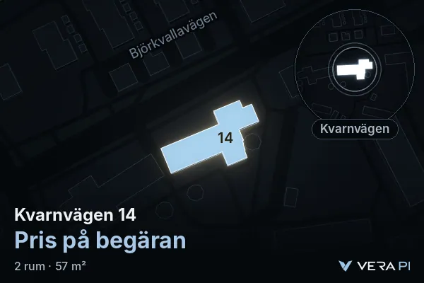 VERA PI:s bild av Kvarnvägen 14: huset i 3D, upplyst i blått, och kartan runt omkring