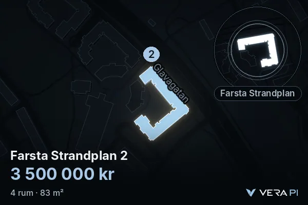 VERA PI's image of Farsta Strandplan 2: the building in 3D, lit in blue, and the map around it