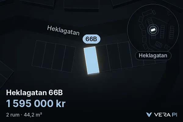 VERA PI's image of Heklagatan 66B: the building in 3D, lit in blue, and the map around it