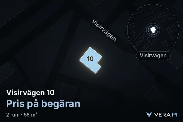 VERA PI:s bild av Visirvägen 10: huset i 3D, upplyst i blått, och kartan runt omkring