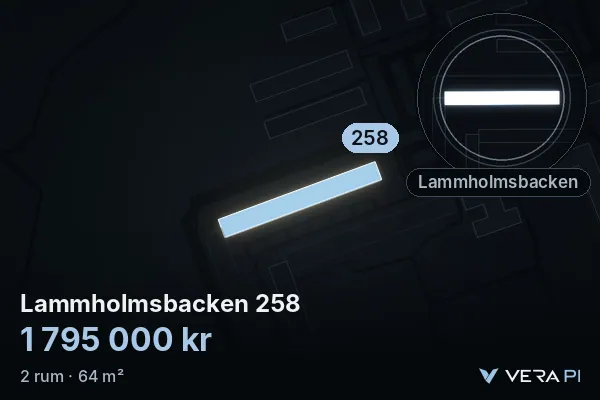 VERA PI:s bild av Lammholmsbacken 258: huset i 3D, upplyst i blått, och kartan runt omkring