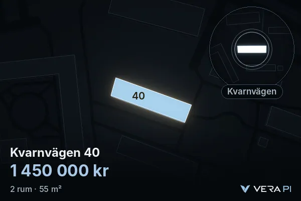 VERA PI's image of Kvarnvägen 40: the building in 3D, lit in blue, and the map around it