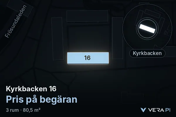 VERA PI:s bild av Kyrkbacken 16: huset i 3D, upplyst i blått, och kartan runt omkring