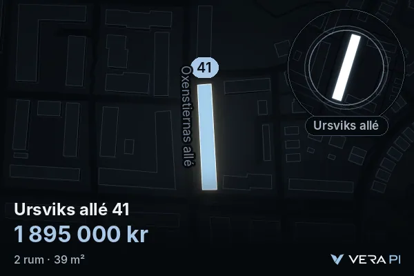 VERA PI:s bild av Ursviks allé 41: huset i 3D, upplyst i blått, och kartan runt omkring